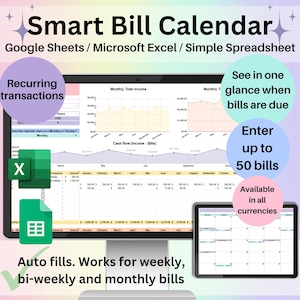 Planilha de Calendário de Contas, Planilhas Google e Excel | Rastreador de Datas de Vencimento, Organizador de Contas Recorrentes, Lembrete de Despesas