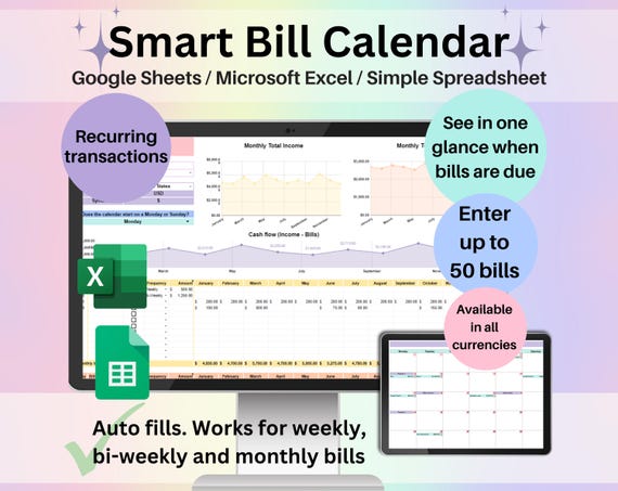 Bill Calendar Spreadsheet Google Sheets & Excel | Payment Due Date Tracker, Recurring Bills Organizer, Expense Reminder