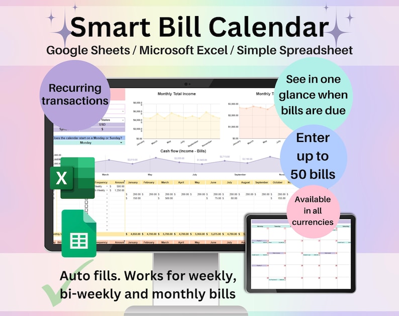 Bill Calendar Spreadsheet for Google Sheets and Excel with monthly view and organized bill entries