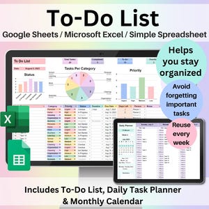 To-Do List Spreadsheet Google Sheets & Excel | Task Tracker, Daily Planner, Productivity Template