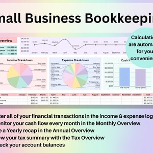 Puede incluir: Un infogr&aacute;fico colorido para la contabilidad de peque&ntilde;as empresas con el t&iacute;tulo "Small Business Bookkeeping". El infogr&aacute;fico muestra un gr&aacute;fico de l&iacute;neas, gr&aacute;ficos circulares y tablas con datos sobre ingresos, gastos y flujo de caja. El texto "Calculations are automated for your convenience" est&aacute; en un cuadro morado.