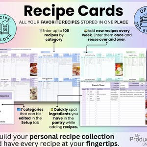 Recipe Cards tab to store up to 700 recipes, organized by editable categories and reusable for weekly meal planning.