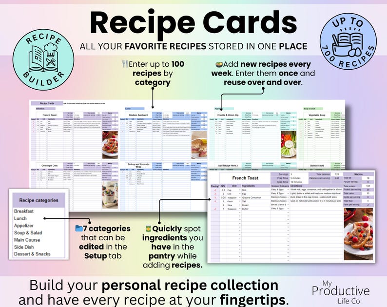 Recipe Cards tab to store up to 700 recipes, organized by editable categories and reusable for weekly meal planning.