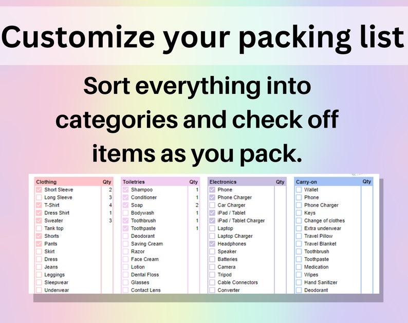 May include: A checklist for packing for a trip. The checklist is divided into categories: Clothing, Toiletries, Electronics, and Carry-on. Each category has a list of items with a quantity box next to each item.