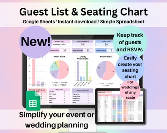 Liste d'invités de mariage et tableau des sièges Feuille de calcul Google Sheets Planificateur de mariage Tableau de bord et suivi des invités Tables de mariage numériques Liste de numéros