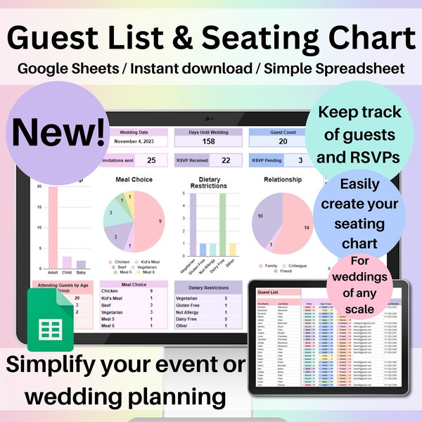 Wedding Guest List & Seating Chart Spreadsheet Google Sheets Wedding Planner Guest Dashboard and Tracker Digital Wedding Tables Number List