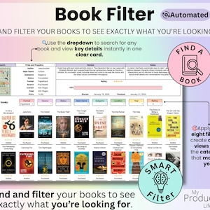 Search tool displaying a detailed book information card and multiple filter dropdowns allowing books to be narrowed by format, source, status, genre, location, year, and rating.