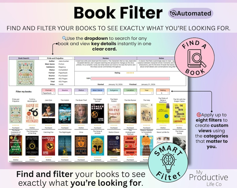 Search tool displaying a detailed book information card and multiple filter dropdowns allowing books to be narrowed by format, source, status, genre, location, year, and rating.