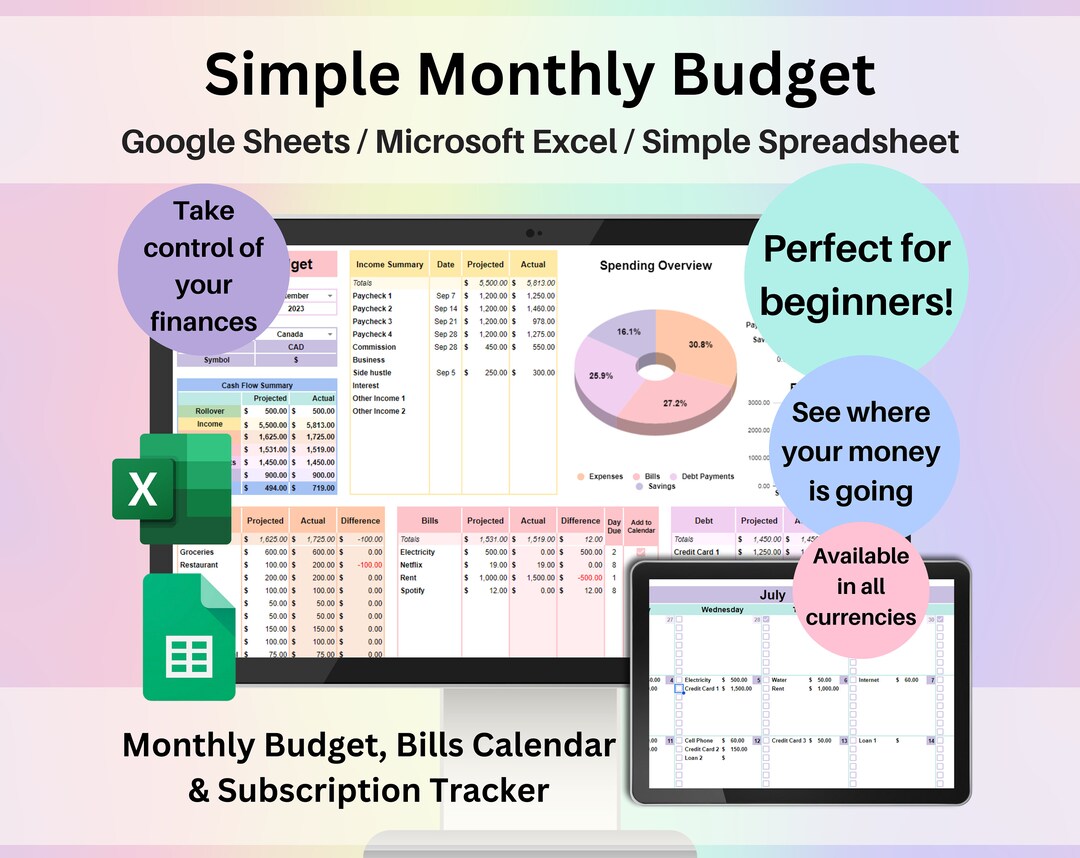 Monthly Budget Spreadsheet Google Sheets Excel Template Digital ...