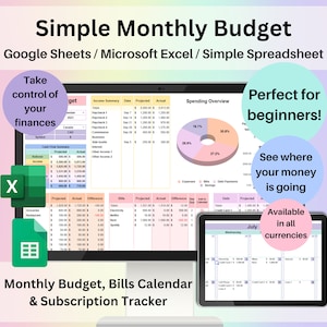 May include: A colorful graphic showing a computer screen with a spreadsheet titled "Simple Monthly Budget" and a tablet with a calendar titled "July". The text "Google Sheets / Microsoft Excel / Simple Spreadsheet" is also included. The graphic is designed to help people manage their finances.