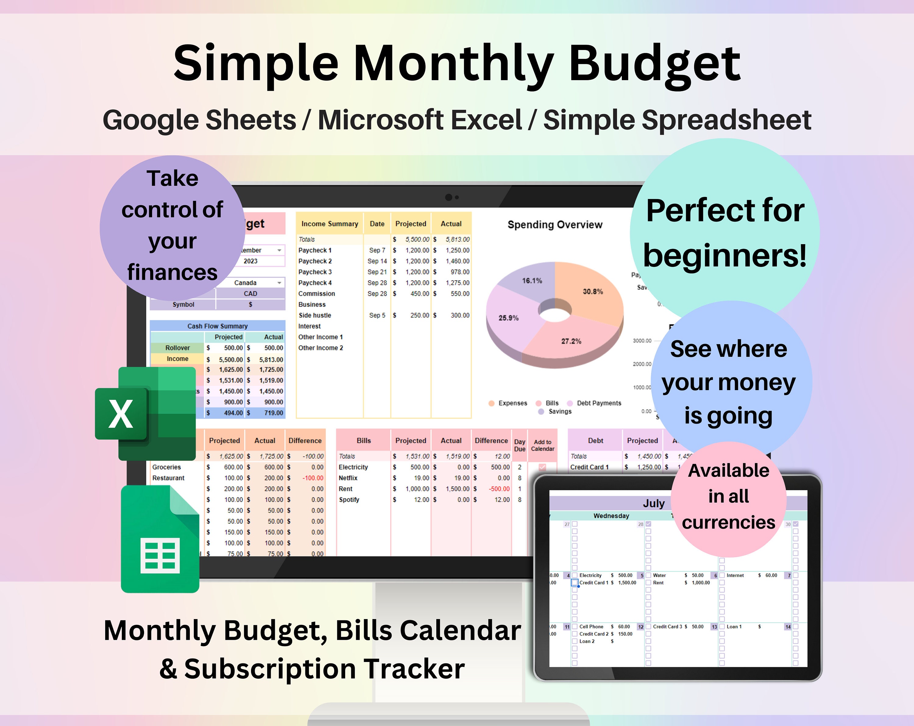 Monthly Budget Spreadsheet Google Sheets Excel Template Digital Financial Planner Beginners Personal Finance Worksheet Subscription Tracker