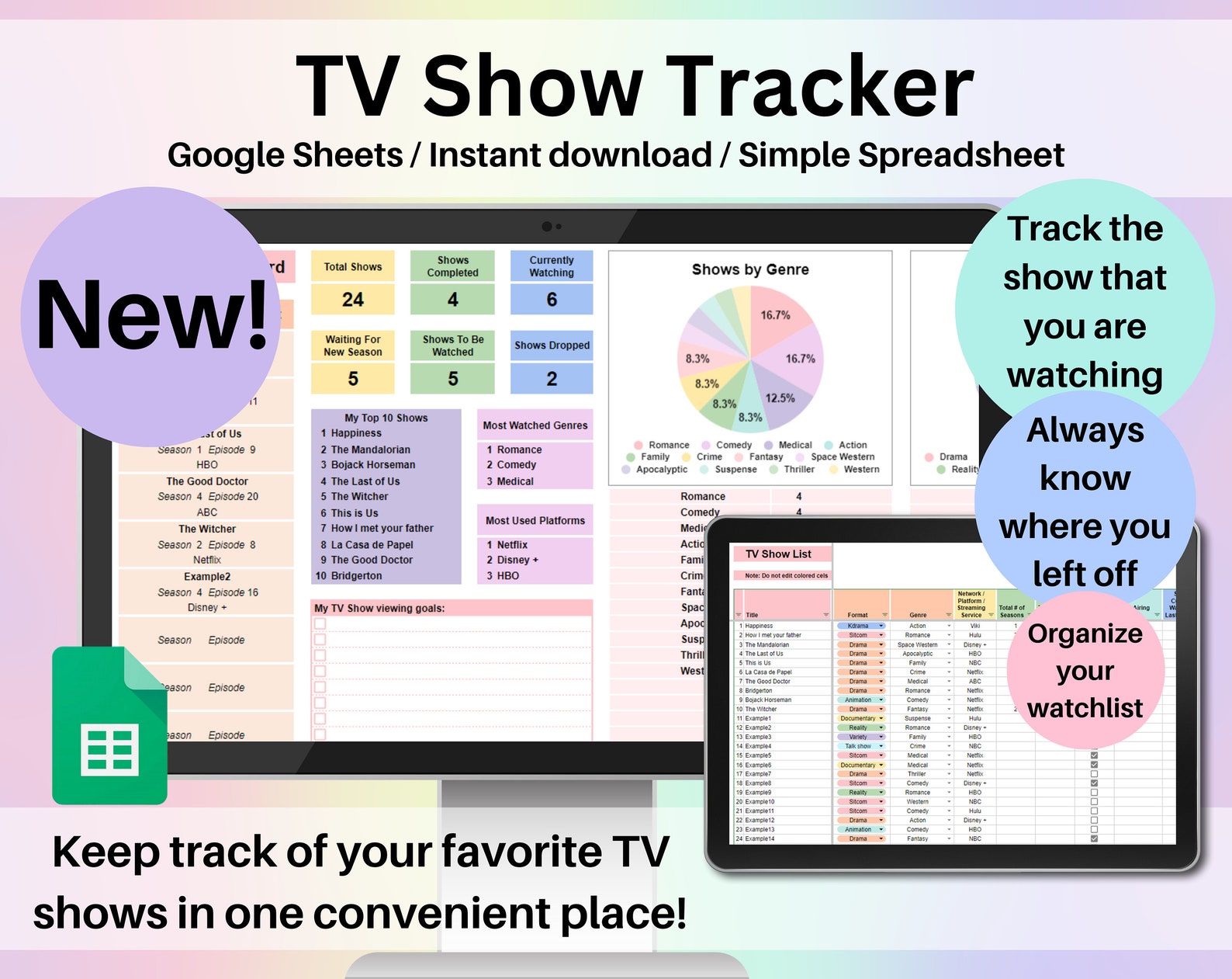 TV Show Tracker Spreadsheet Google Sheets Television Series Etsy Canada