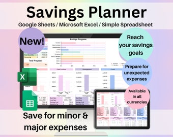 Hoja de cálculo para planificar ahorros (Google Sheets y Excel) / Rastreador de objetivos de ahorro, calculadora de fondos, plantilla de planificación financiera