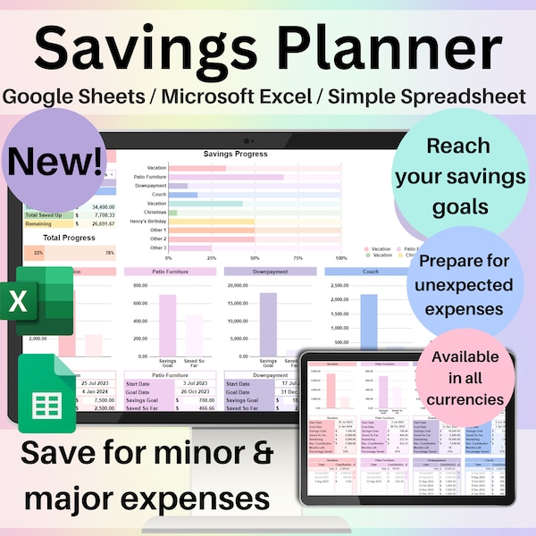 Savings Planner Template Reach Your Financial Goals Tracker Spreadsheet Google Sheets Excel Digital Savings Calculator Saving Fund Worksheet