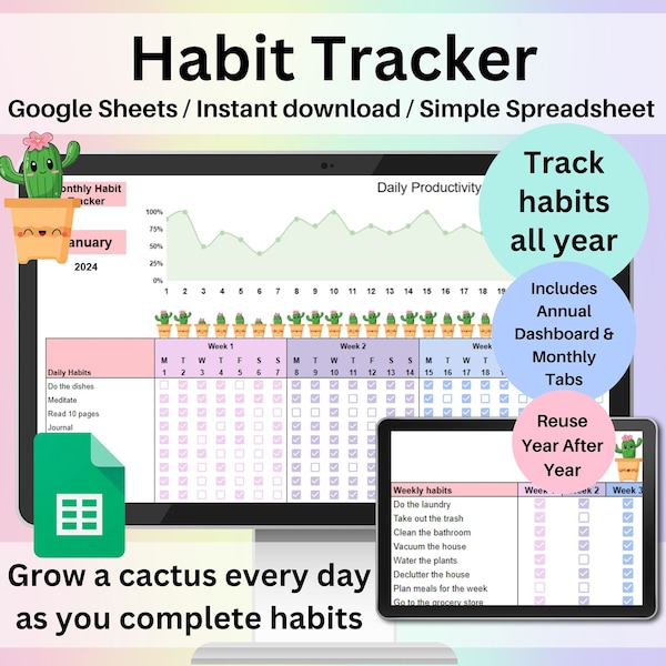 Hoja de cálculo de seguimiento de hábitos Hojas de cálculo de Google Diario Semanal Mensual Anual Establecimiento de objetivos Planificador de productividad digital Plantilla de resolución de rutina