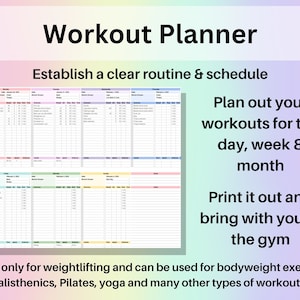 Planificateur d'entraînements, feuille de calcul Google Sheets, outil de suivi des exercices Excel, liste de contrôle pour la salle de sport, modèle de remise en forme, haltérophilie, musculation, Pilates image 2