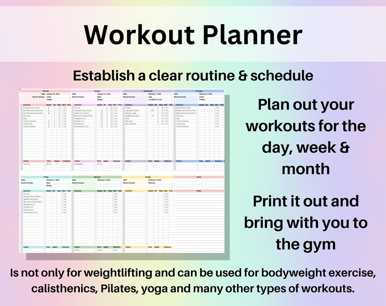 Planificateur d'entraînements, feuille de calcul Google Sheets, outil de suivi des exercices Excel, liste de contrôle pour la salle de sport, modèle de remise en forme, haltérophilie, musculation, Pilates image 2