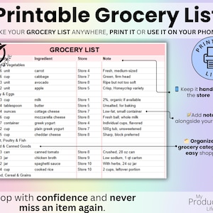 Printable Shopping List tab to print or view on your phone, organized by category with checkboxes and space for notes.