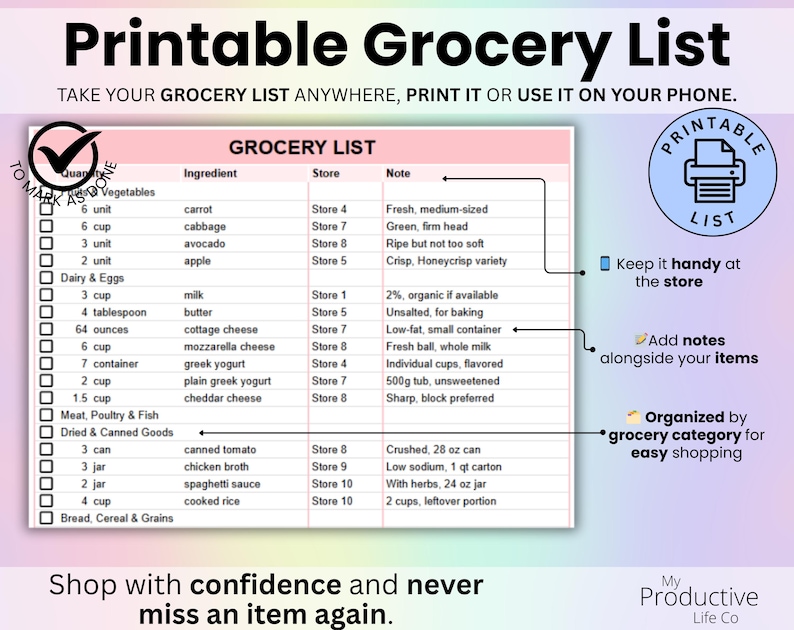 Printable Shopping List tab to print or view on your phone, organized by category with checkboxes and space for notes.