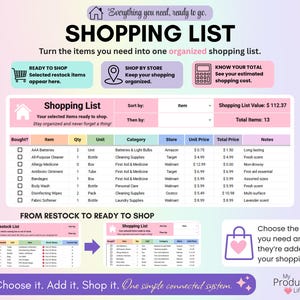 Household shopping list that turns selected restock items into an organized list with quantities, categories, stores, unit prices, total prices and estimated shopping cost.