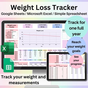 Weight Loss Tracker Spreadsheet Google Sheets Excel Weight Tracker Daily Weekly Diet Weigh-in Chart Weight Loss Journal Health and Wellness