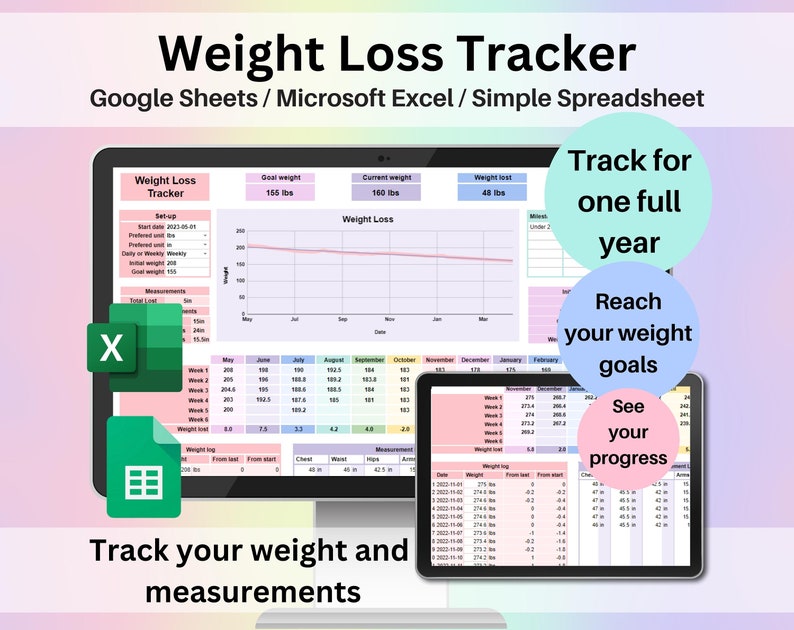 K&ouml;nnte beinhalten: Eine digitale Gewichtsverlust-Tracker-Tabellenvorlage f&uuml;r Google Sheets oder Microsoft Excel. Das Bild zeigt einen Computerbildschirm und ein Tablet, auf denen die Tabellenkalkulation mit einem Liniendiagramm, Datentabellen und einem Abschnitt f&uuml;r Messungen angezeigt wird. Der Text auf dem Bild lautet "Weight Loss Tracker", "Track for one full year", "Reach your weight goals", "See your progress", und "Track your weight and measurements".