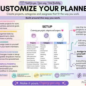 Setup tab allowing users to customize projects, categories, and assignees. Text explains personalized workflows, automatic dropdown updates, and flexible customization for work or personal projects.