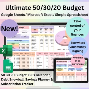 Ultimate 50/30/20 Budget Spreadsheet Google Sheets Excel Template Weekly Biweekly Monthly Financial Planner Debt Snowball 70/20/10 Budgeting