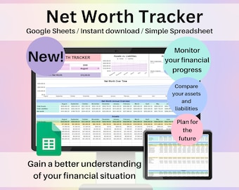 Tableur de suivi de la valeur nette Modèle Google Sheets Calculateur de valeur nette numérique Planificateur de finances personnelles Modèle d'actifs et de passifs