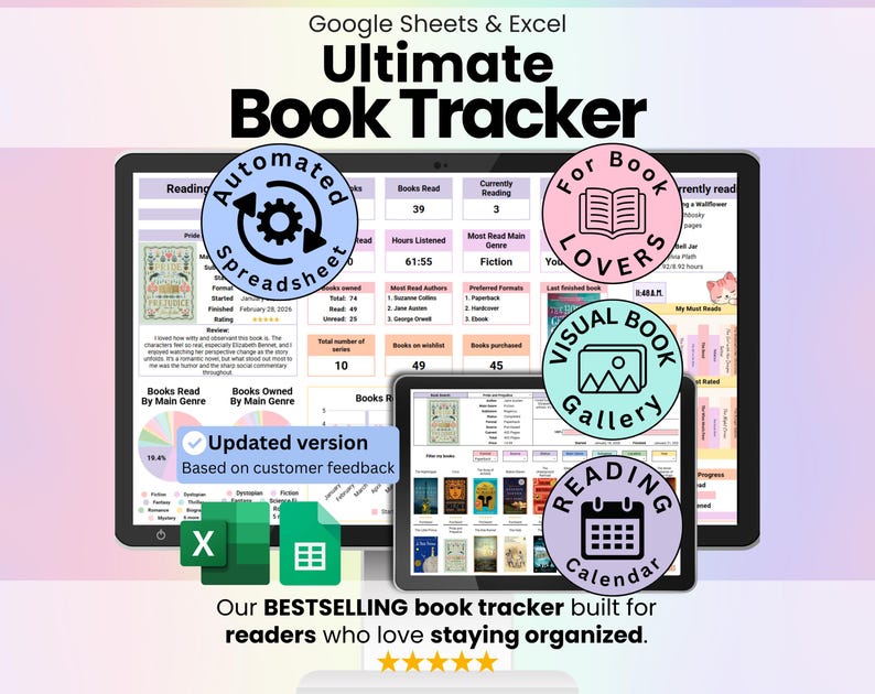 Best-selling Book Tracker with a clean, organized layout featuring a reading dashboard, connected tabs, and messaging highlighting intuitive design and automatic updates across the tracker.