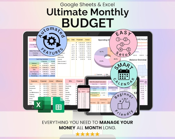 Ultimate Monthly Budget Spreadsheet Google Sheets Excel Template Digital Financial Planner Debt Snowball Sinking Fund Subscription Tracker