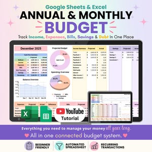 Annual & Monthly Budget Spreadsheet | Google Sheets and Excel Financial Planner Template | Monthly Income, Expense and Bill Tracker