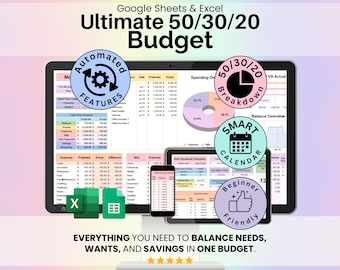 Ultimate 50/30/20 Budget Spreadsheet Google Sheets & Excel | Bills Calendar, Subscription Tracker, Debt Snowball and Savings Planner