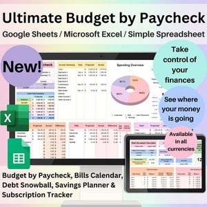 Show the Ultimate Budget by Paycheck Spreadsheet. Says: Take Control of your Finances / See where your money is going / Available in all currencies.