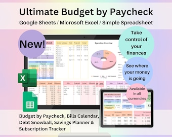 Ultimate Budget by Paycheck Spreadsheet Google Sheets Excel Template Weekly Biweekly Financial Planner Debt Snowball Subscription Tracker