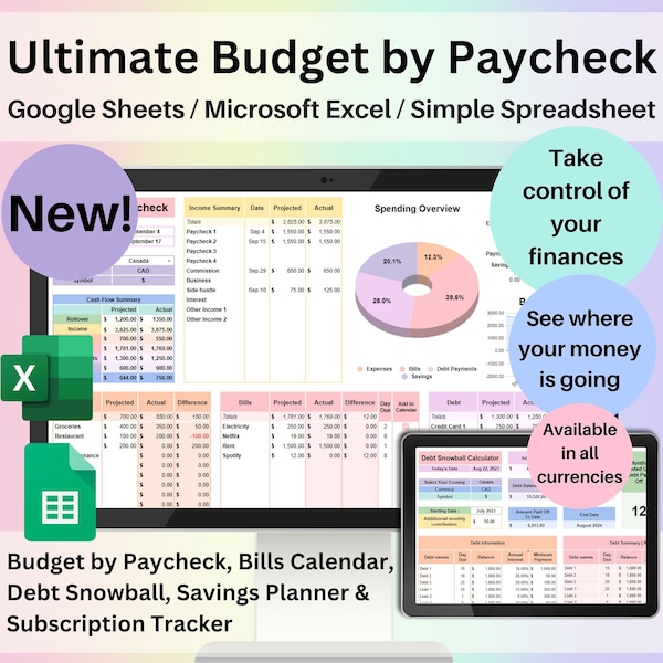 Budget ultime par salaire, feuille de calcul Google Sheets, modèle Excel, planificateur financier hebdomadaire aux deux semaines, endettement, suivi des abonnements boule de neige