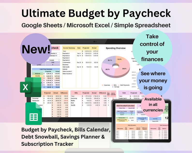 Show the Ultimate Budget by Paycheck Spreadsheet. Says: Take Control of your Finances / See where your money is going / Available in all currencies.