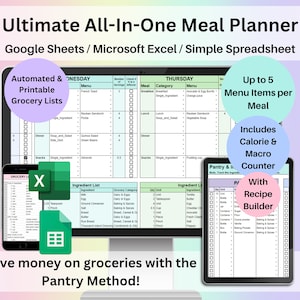 Weekly Meal Planner Spreadsheet Google Sheets Excel Recipe Builder Calorie Counter Pantry Inventory Automatic Shopping List Food Prep Log