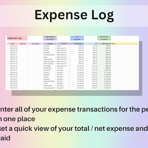 Puede incluir: Una hoja de c&aacute;lculo titulada "Expense Log" con columnas para la fecha, el ID de referencia, la descripci&oacute;n, la categor&iacute;a, la cuenta, el gasto total, el impuesto y el gasto neto. La hoja de c&aacute;lculo est&aacute; llena de datos para varios gastos, que incluyen inventario, tarifas de eBay, salarios, tarifas profesionales, viajes, suministros de compra, suministros de oficina, multimedia, equipos, inventario, tarifas de alojamiento, tarifas de marketing, tarifas de eBay, salarios, tarifas profesionales, viajes y suministros de compra.