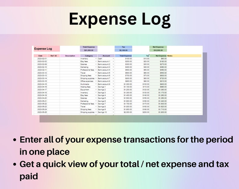Puede incluir: Una hoja de c&aacute;lculo titulada "Expense Log" con columnas para la fecha, el ID de referencia, la descripci&oacute;n, la categor&iacute;a, la cuenta, el gasto total, el impuesto y el gasto neto. La hoja de c&aacute;lculo est&aacute; llena de datos para varios gastos, que incluyen inventario, tarifas de eBay, salarios, tarifas profesionales, viajes, suministros de compra, suministros de oficina, multimedia, equipos, inventario, tarifas de alojamiento, tarifas de marketing, tarifas de eBay, salarios, tarifas profesionales, viajes y suministros de compra.