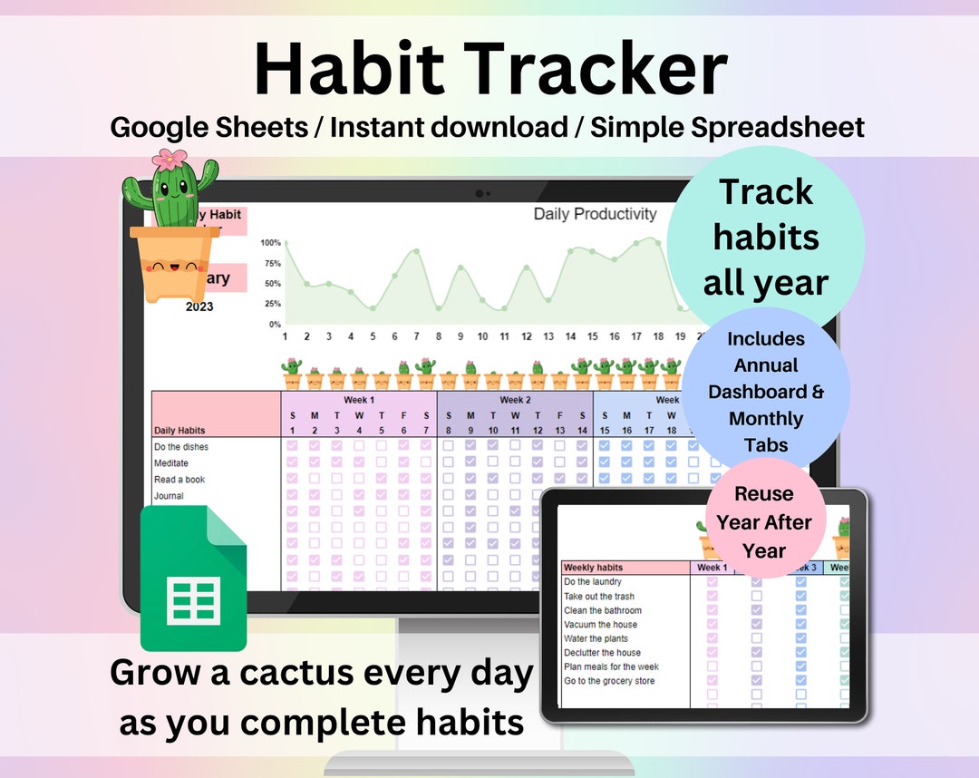 Habit Tracker Spreadsheet Google Sheets Daily Weekly Monthly - Etsy