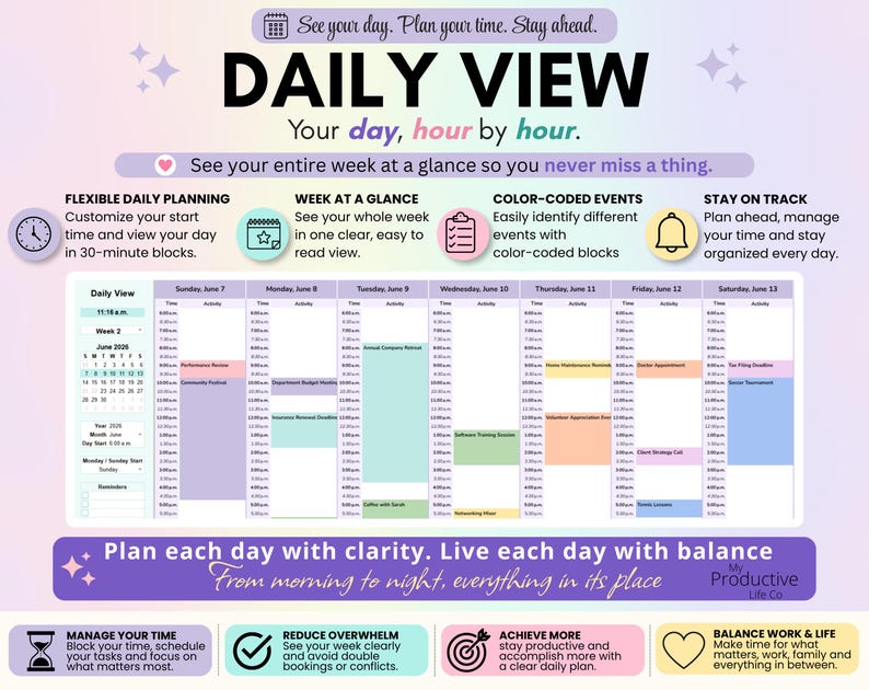 Weekly planner displaying scheduled tasks across the week with hourly time blocks. Designed to help users organize workloads, manage appointments, and visualize their upcoming schedule.
