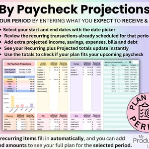By Paycheck Projections view with date selection, recurring amounts, projected columns and combined totals for planning a paycheck period.