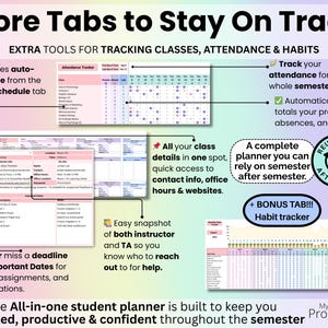 More Tabs to Stay on Track: Slide showing textbook tracker, attendance tracker, and habit tracker for student success.