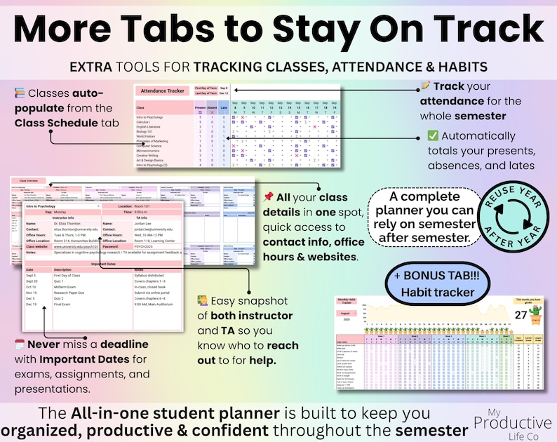 More Tabs to Stay on Track: Slide showing textbook tracker, attendance tracker, and habit tracker for student success.