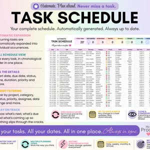 Task Schedule automatically expands recurring tasks into individual scheduled occurrences. Displays dates, priorities, statuses, assignees, due dates, completion percentages, and filtering options in chronological order.