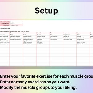 Puede incluir: Un registro de entrenamiento imprimible con un fondo rosa, azul y amarillo. El registro est&aacute; dividido en columnas para diferentes grupos musculares, como pecho, espalda, piernas, hombros, tr&iacute;ceps, b&iacute;ceps, abdominales y espalda baja. Cada columna tiene una lista de ejercicios que el usuario puede completar. El texto en la parte inferior del registro dice "Ingrese su ejercicio favorito para cada grupo muscular. Ingrese tantos ejercicios como desee. Modifique los grupos musculares a su gusto."