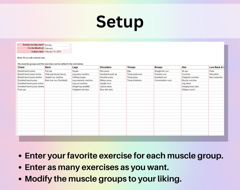 Planificateur d'entraînements, feuille de calcul Google Sheets, outil de suivi des exercices Excel, liste de contrôle pour la salle de sport, modèle de remise en forme, haltérophilie, musculation, Pilates image 3