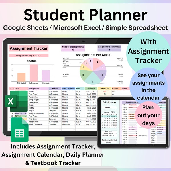 Student Planner & Assignment Tracker Google Sheets Excel College Spreadsheet Class Timetable Academic Planner Template Assignment Tracking
