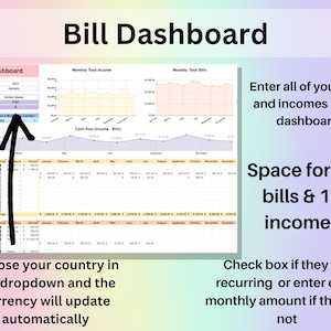 Bill Dashboard showing how to use the spreadsheet to manage bills and finances.